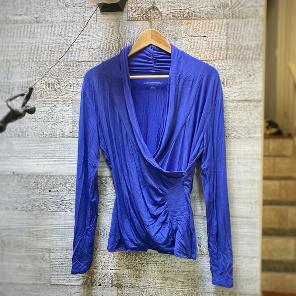 Soft Surroundings | Surplice/Faux-Wrap Long-Sleeved V-Neck Top - M, Blue - Picture 1 of 8